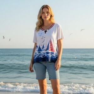 Alfred Dunner White Sailboats Shirt Sz L